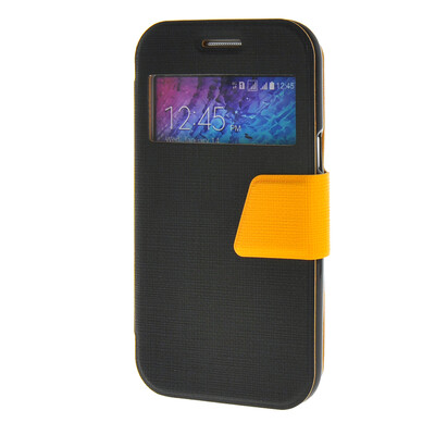 

MOONCASE Galaxy J1 , Slim Window Design Leather Side Flip Bracket Case Cover for Samsung Galaxy J1 Black Yellow