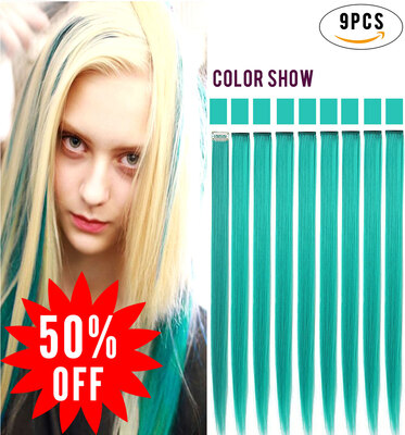 

Rhyme Teal Colored Clip InOn Hair Extensions 20 9PCS Girls&Dolls Wig Pieces