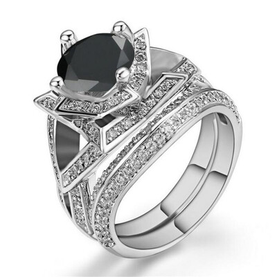

New Luxury Black Cubic Zirconia White Gold Plated CZ Diamond Ring Sets Unique Cocktail Party Rings for Women R633