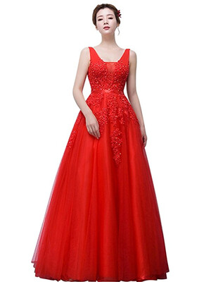 

Womens Double V-neck Tulle Wedding Dress Appliques Long Evening Cocktail Gowns