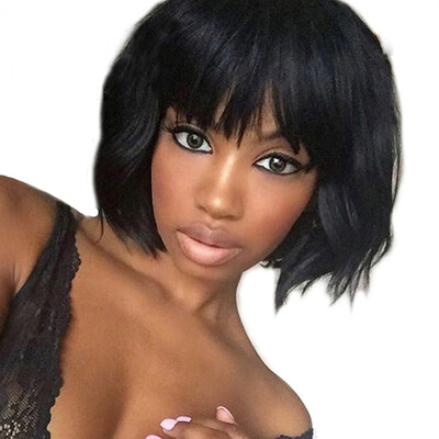 

Osolovely Hair Short Glueless Lace Front Human Hair Wigs With Bangs Wavy Brazilian Wigs For Women Non Remy Natural Black Color