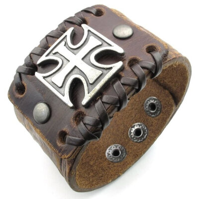

Hpolw Mens Leather Bracelet, Wide Cross Bangle, 7-8 inch Adjustable, Brown