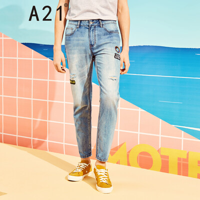 

A21 summer mens denim white hole design feet trousers 4821003006 sky blue 32 18580A