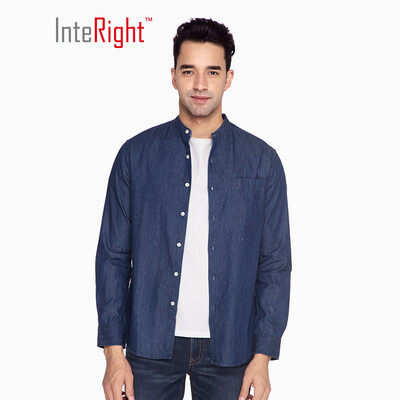 

INTERIGHT casual shirt male Oxford spinning stand collar denim long-sleeved shirt dark blue XXL