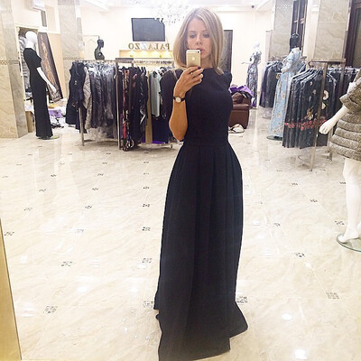 

Lovaru ™Платье плиссировка свободного покроя половина лето, красивый макси женщины рукав с круглым вырезом сплошной черный завышенная талия приталенный стиль