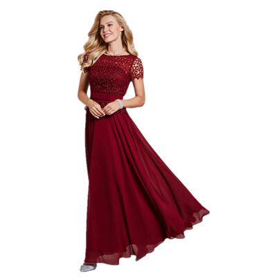 

CAZDZY Scoop Neck Short Sleeves Lace Evening Dress Burgundy