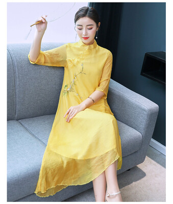 

2018 новый стиль китайского стиля ретро ручная роспись печати двойной шифон шить платье cheongsam