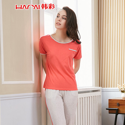 

Han Cai HACAI pajamas womens thin short-sleeved trousers modal cotton solid color simple home service suit light rose red 175100