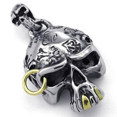 

Hpolw Jewelry Mens Stainless Steel Casting Black&Silver Skull Pendant Biker Gothic Gold Teeth Skeleton Necklace18-26 inch Chain
