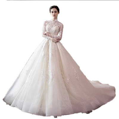 

Long Lace Sleeves Bling Ball Gown Wedding Dress