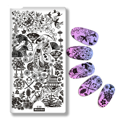

Japanese Series Nail Stamping Template Warrior Geisha Lantern Images Printing Art Plates Stencil for Hand Nails Decoration C30