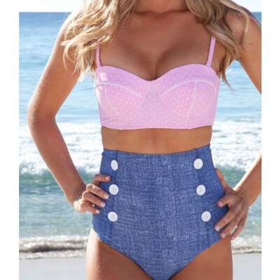 

Джинсовая высокая талия ретро сексуальный купальник бикини купальник