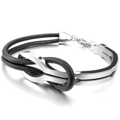 

Hpolw Men&Womens Stainless Steel 316L Genuine Leather BraceletBangle Cuff Silver Black Infinity Love Sign Elegant
