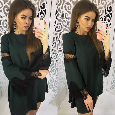 

Try Everything Loose Summer Dress Women 2018 Flare Long Sleeve Casual Dress Summer White Lace Mini Dress Splicing Womens Dress