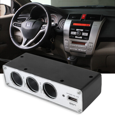 

3 Way12V Multi Socket Car Cigarette Lighter Splitter USB DC Charger Adapter