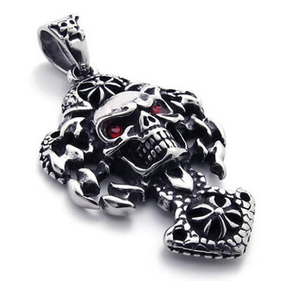 

Hpolw Black Cast Stainless Steel Gothic SkullSkeleton Tribal Biker Mens rubiesRed Crystal Pendant Necklace18-26 inch Chain