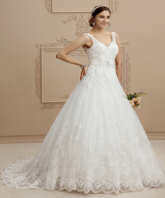 

Top Wedding Dress Design Maker V Neck Court Train Tulle Lace Over Tulle Beaded Customized with Beading Appliques Wedding Shop