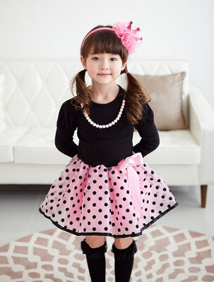 

New Girls Fashion Long Sleeve O-Neck Cute Polka Dot & Grid Pattern Dress
