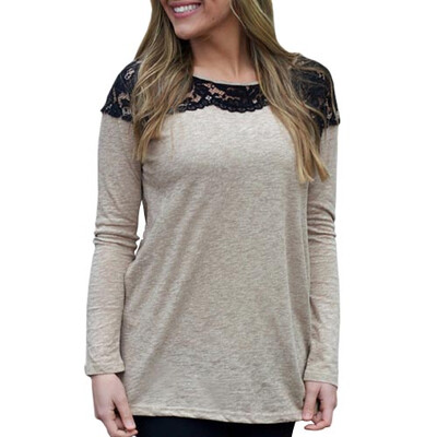 

CT&HF Fashion Women Long Sleeves Cotton and Lace Splicing T-Shirt