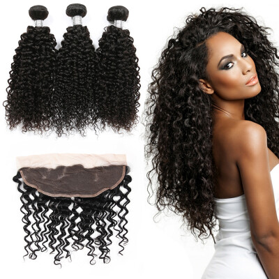 

8A Brazilian Kinky Curly Virgin Hair With Closure 3 Bundles With 13x4 Ear To Ear Lace Frontal Closure Kinky Curly Virgin Hair