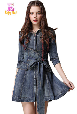 

S M L chest 84-92cm vintage cotton new summer 2018 mini jeans dress women half sleeve denim blue slim A line with belt V neck