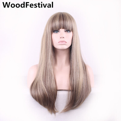 

WoodFestival женские синтетические парики с бляшками жаростойкий светловолосый смешанный цвет длинный прямой парик волос