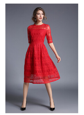 

Quzihua 2018 New Spring High Quality Red Lace Hollow Out Slim Dress Half Sleeve Dress