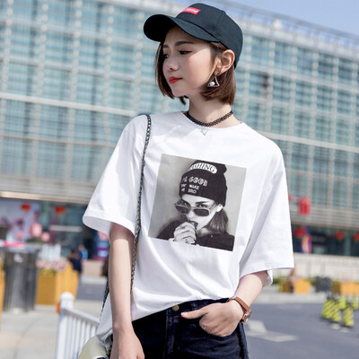 

New Korean version womens wear round neck loose T-shirt womens summer cotton printed short sleeve T-shirt