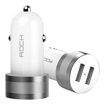 

ROCK Metal Sitor Car Charger 5V 24A Fast Charge Dual Ports For iPhone Xiaomi Samsung Phone Travel LED Blue Light Charger