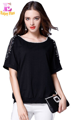 

L XL XXL 3XL 4XL 5XL plus size cotton casual new summer 2018 black t shirt women plus size batwing short sleeve top beaded