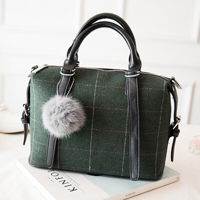 

2016 new woman leather handbag woolen plaid Boston ultra portable shoulder bag brand designer messenger bags tote bags