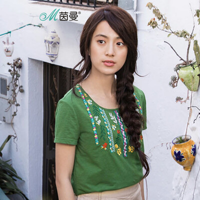 

INMAN 2018 summer new round neck exquisite national embroidery literary fan T-shirt womens shirt 1882022585 Congzhong Green S