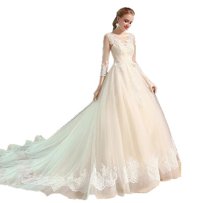 

Champagne Long Sleeves Lace A Line Wedding Dress