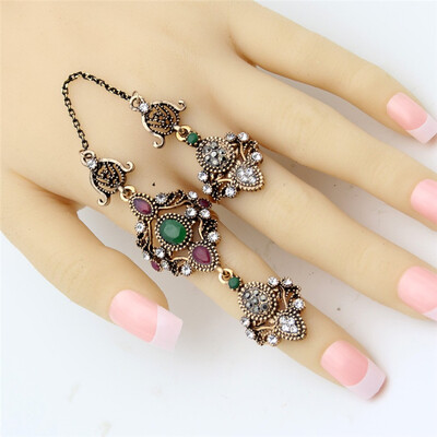 

Nobby Flower Double Finger Ring Turkish Women Antique Crystal Ethnic Chain Rings Royal Ladies Arabesque Jewelry Anneau Anillos