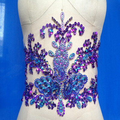 

Hand made crystals trim patches sew on sequins beads purple Rhinestones applique 4319cm for top dress skirt accessory