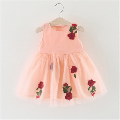 

70-100 Summer Girls Fashion embroidered Rose Dress Children Kids Sleeveless O-Neck Mini Dress