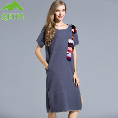 

2017 winter wool dresses women sheeps woolen loose dress Thick warm Mid-long short sleeve female dress patchwork fur plus sizes X