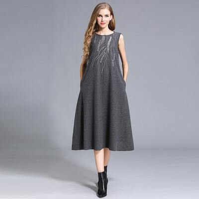 

Womens wool dresses winter embroidery woolen dresses fashion Embroidery Solid colorGrayBlack long dress wool lady vest dress