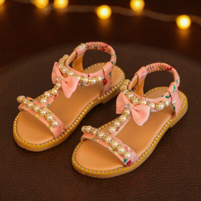 

Children Shoes Girls Sandals 2018 Summer New Fashion Floral Beading Bow Princess Shoes Kids Shoes For Girl Casual Flat Baby Pink