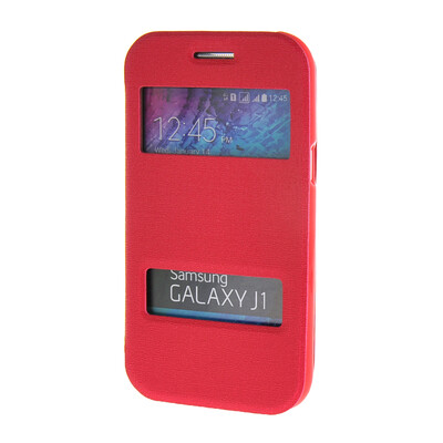 

MOONCASE Side Flip Hard board Slim Leather Bracket Window Case Cover for Samsung Galaxy J1 Hot pink