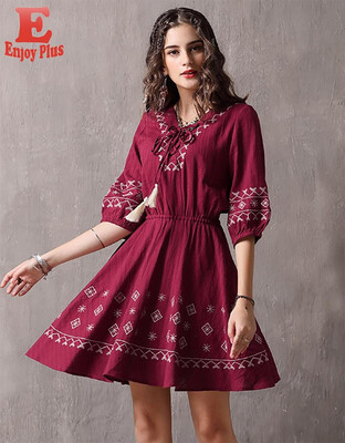 

S M L vintage cotton new summer 2018 women dress half sleeve a line red embroidery office lady knee length V neck