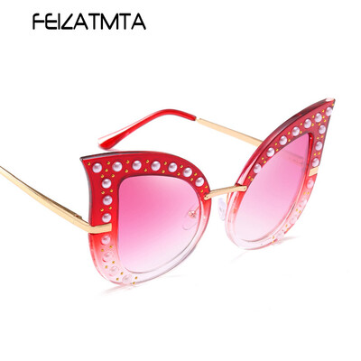 

FEIZATMTA Cat Eye Солнцезащитные очки Женские Роскошные Большие Рамки Солнцезащитные Очки Мода Жемчужные Заклепки Декоративные Очки Женские Окулусы UV400