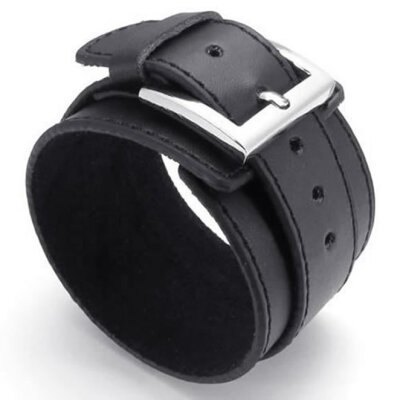 

Hpolw Wide Genuine Black Leather Mens Bangle Cuff Bracelet