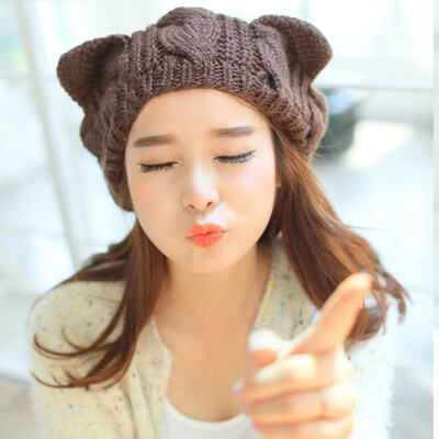 

Women Winter Beanie Devil Horns Cat Ear Crochet Braided Knit Ski Wool Cap Hat M