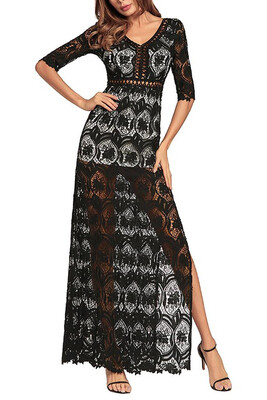 

Hollow Out Crochet V Neck Half Sleeve Thigh Slit Maxi Dress Homecoming Dress