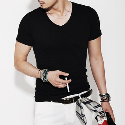

Fashion Solid Color V-Neck Cotton Blends Short Sleeved Slim Men&39s T-Shirts