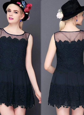 

Sweet Crochet Patchwork Mesh Round Neck Sleeveless Slim Mini Lace Dress Homecoming Dress