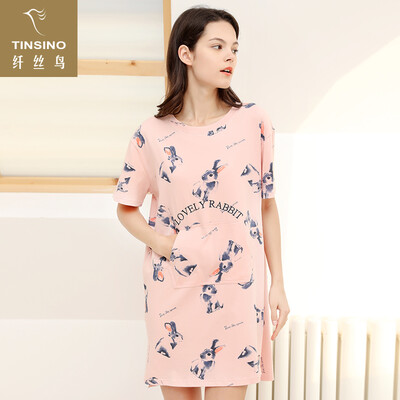 

Filament bird TINSINO Summer lady short-sleeved nightdress red ear bunny cute girl thin section can wear outside home service female WHY9049028 light gray green