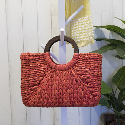 

Rectangle Rattan Totes INS Vintage Women Bohemian Fashion Handbag Top-Handle Concise Braided Bag Large Wood Handle Bags
