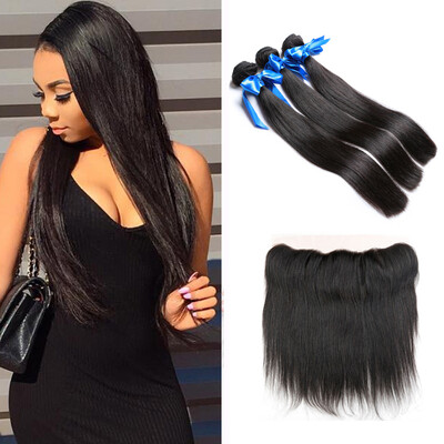 

WYF Indian Straight Virgin 3 Bundles with Frontal Closure 100% Человеческие волосы Прямая волна